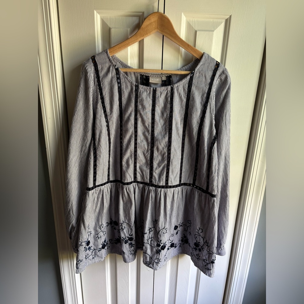 Eshakti Womens Navy Striped Floral Embroidered Long Sleeve Top Size XL/16
